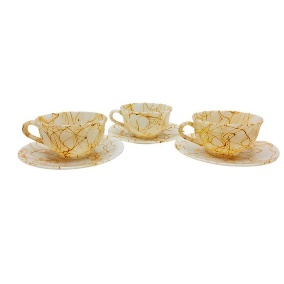 Vintage Hazel Atlas Spagetti Splatter Marbled Milk Glass Tea Cup & Saucer Set Of - Picture 7 of 11